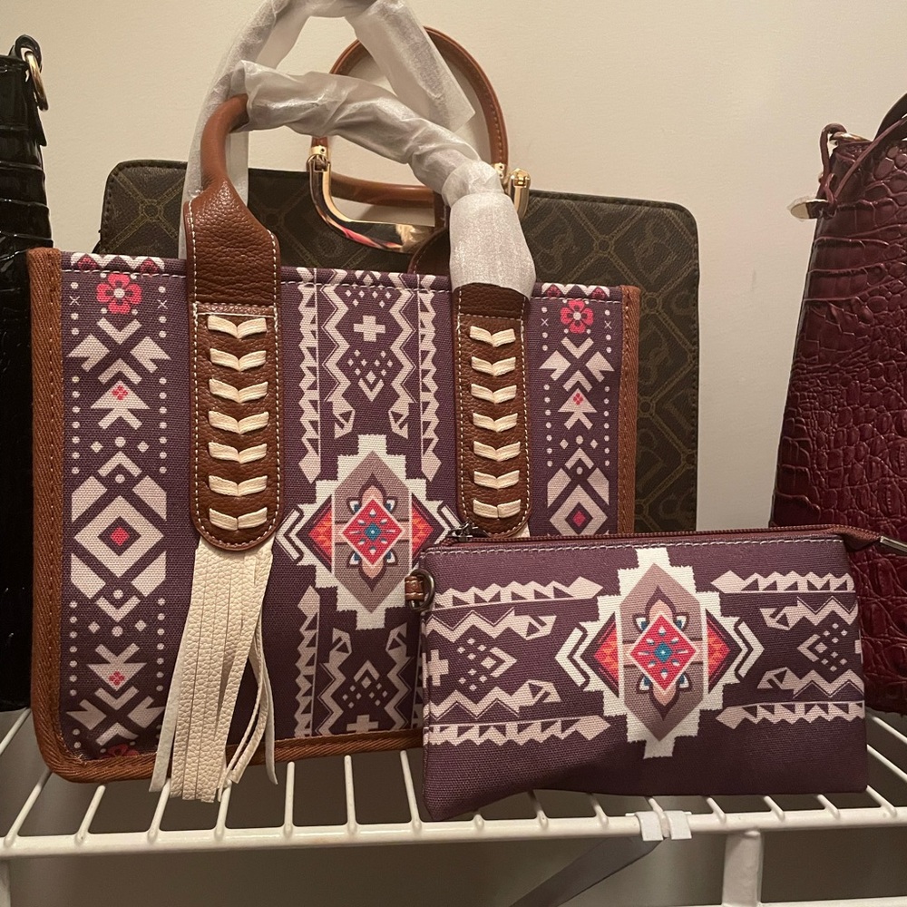 Aztec Patterned Brown and Purple Tote Bag Set